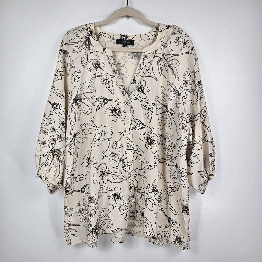Fred David Women's Size 2XL Beige Floral Button Down Balloon Sleeve Top
